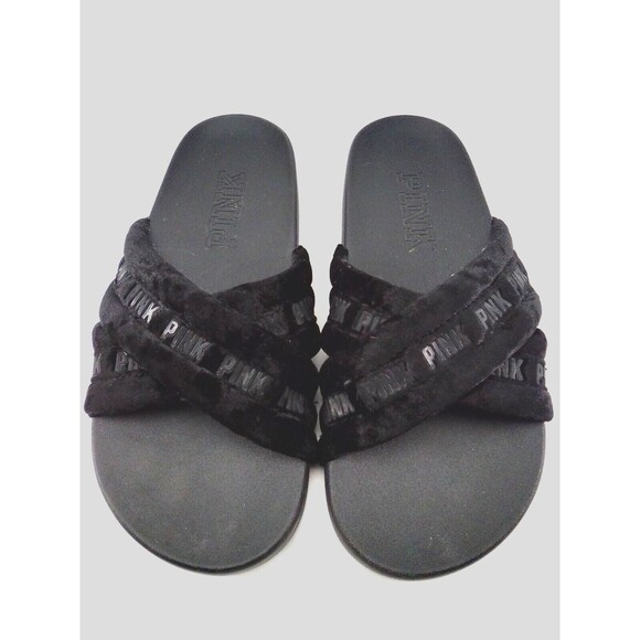 Victoria's Seceret Pink Criss Cross Furry Comfort Sliders Black 8 - Picture 8 of 9